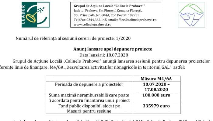 Grupul de Acţiune Locală „Colinele Prahovei”  - M4/6A ,,Dezvoltarea activitatilor nonagricole in teritoriul GAL” 